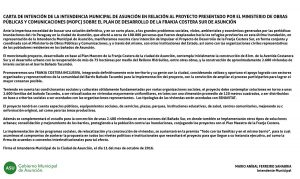 Carta de Intención de la Intendencia Municipal de Asunción en relación al proyecto presentado por el Ministerio de Obras Públicas y Comunicaciones (MOPC) sobre el Plan de Desarrollo de la Franja Costera Sur de Asunción.