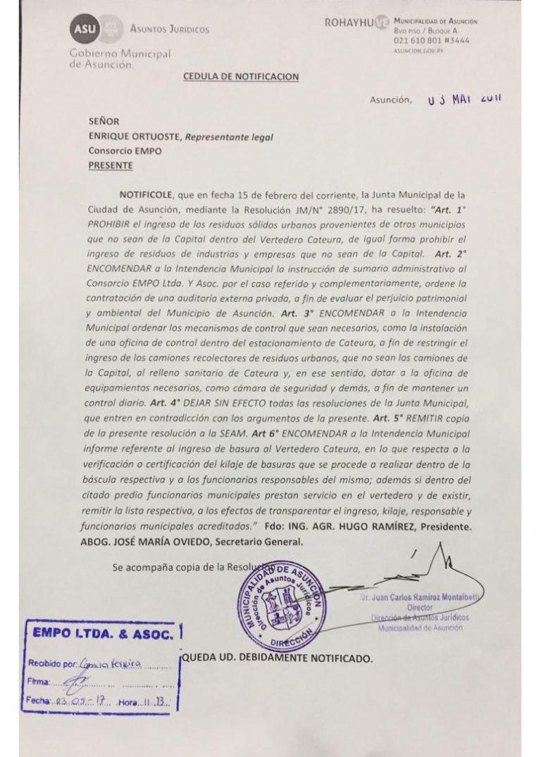 Municipalidad notificó a la empresa EMPO sobre la prohibición de ingreso de residuos de otros municipios al Vertedero Cateura