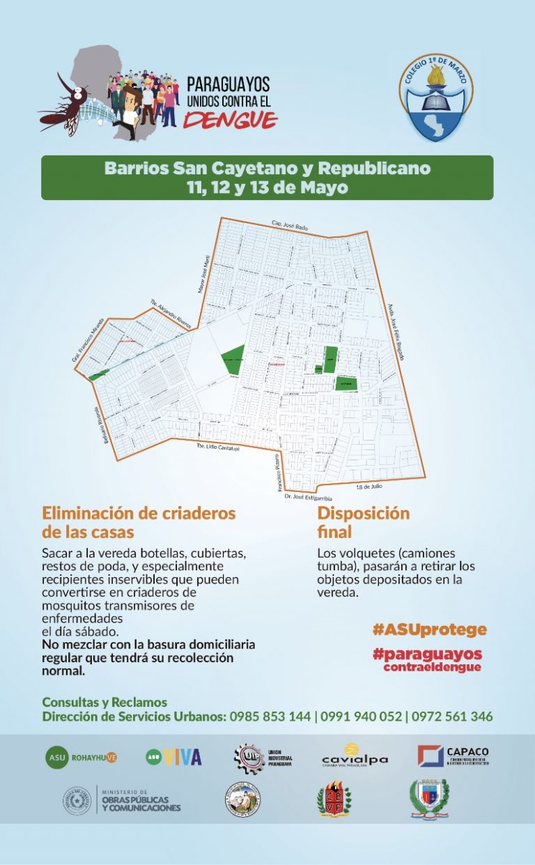 Última  jornada de la campaña «Paraguayos Unidos contra el Dengue» se realizará desde este viernes 11 de mayo en los barrios Republicano y San Cayetano