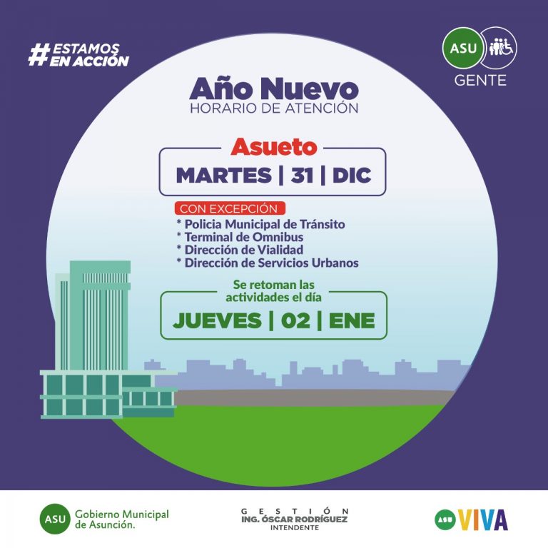 Este martes 31 de diciembre habrá asueto en la Municipalidad de Asunción exceptuándose a dependencias que prestan servicios básicos imprescindibles
