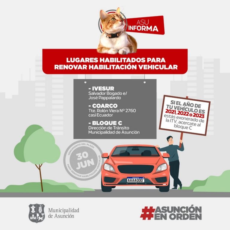 El 30 de junio vence el plazo para renovar la habilitación de rodados en el Municipio de Asunción, sin multas ni recargos