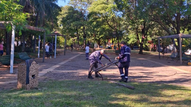 Dirección de Servicios Urbanos impulsa amplio operativo de limpieza y mantenimiento en plazas de los barrios San Blas y Loma Pytã