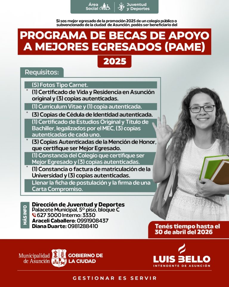 Está abierta la convocatoria para el programa de becas dirigido a los mejores egresados de colegios públicos y subvencionados de Asunción