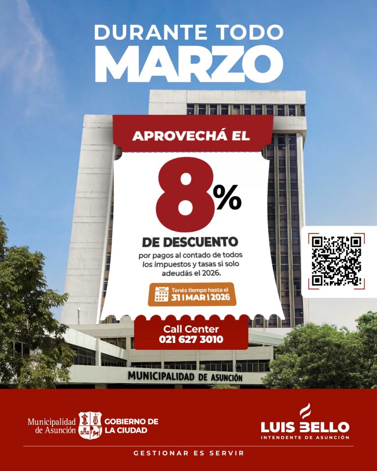 Descuento del 8% por pago al contado de impuestos y tasas municipales 2026 rige del 9 al 31 de marzo del corriente año