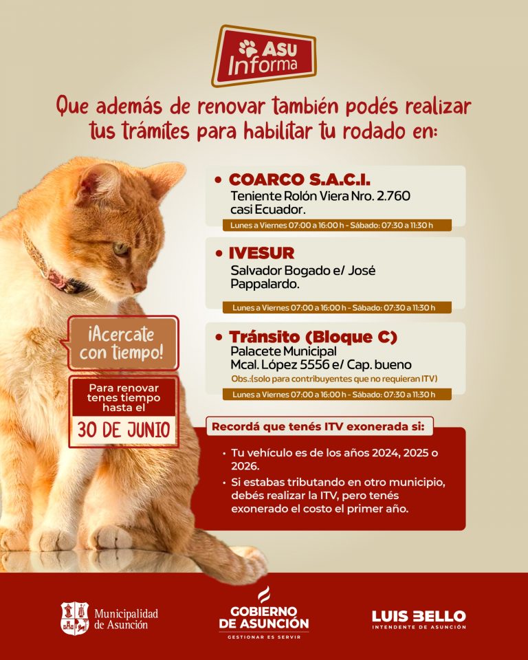 Quedan pocos días para renovar la habilitación de rodados en el Municipio de Asunción, sin multas ni recargos