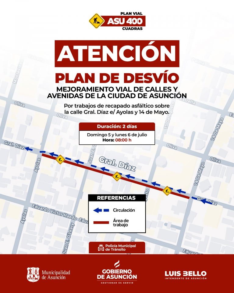 Este domingo 5 de julio proseguirán los trabajos de mejoramiento vial sobre General Díaz entre Ayolas y 14 de Mayo